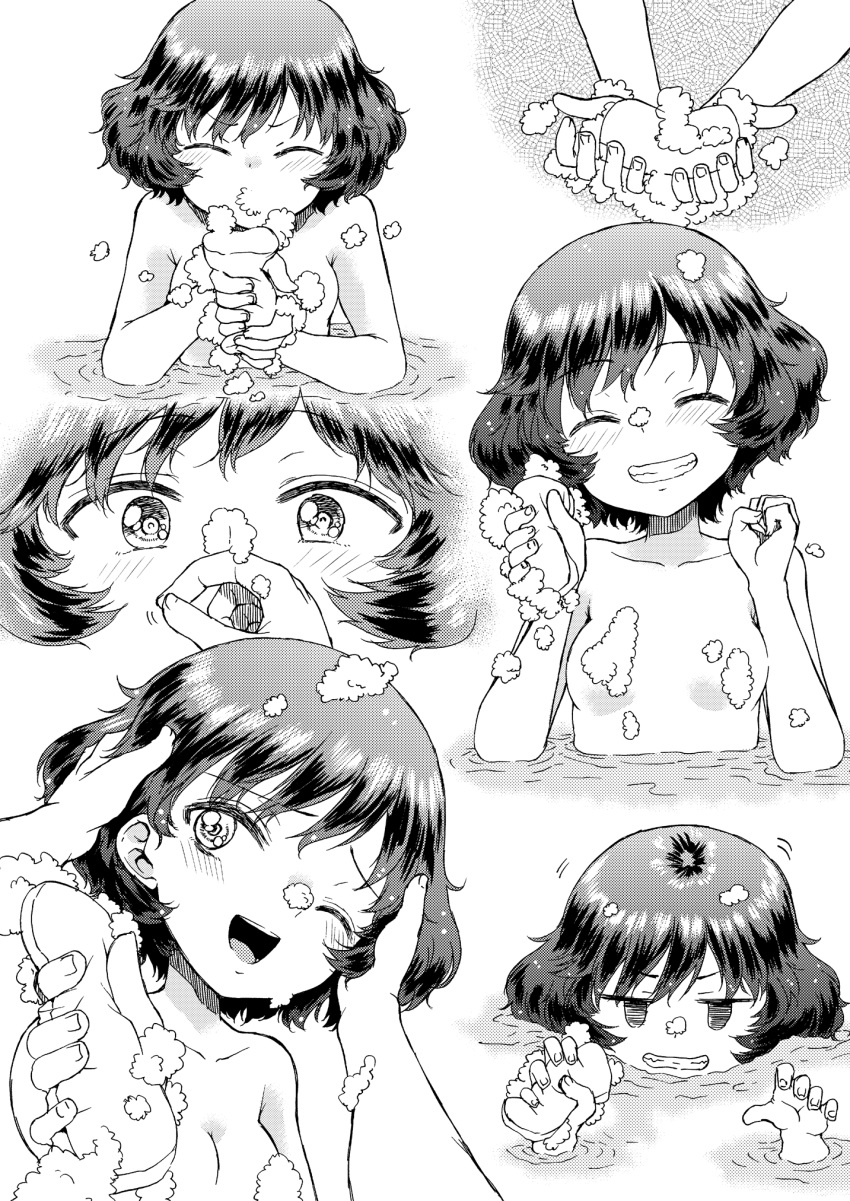 1girl, :d, akiyama_yukari, blowing, clenched_teeth, closed_eyes, doujinshi, foam