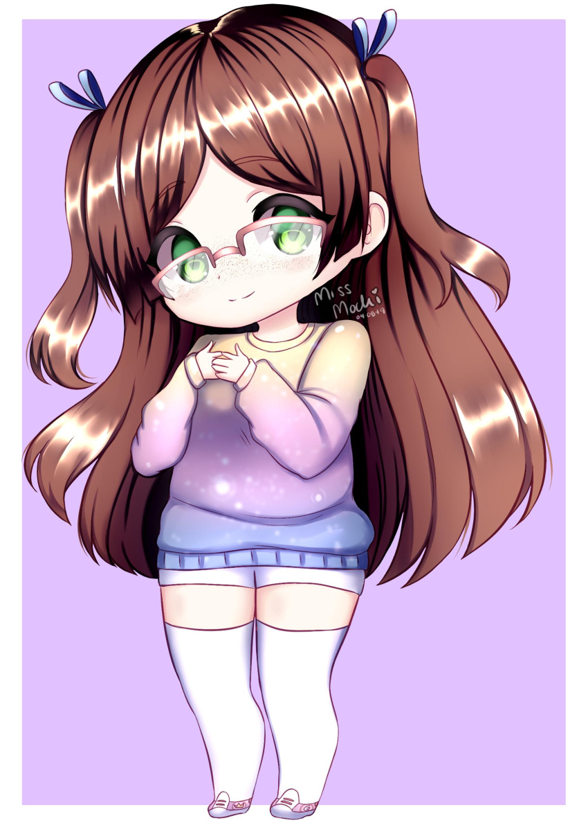 1girl, artist_name, blush, brown_hair, chibi, dated, eyebrows_visible_through_hair, freckles