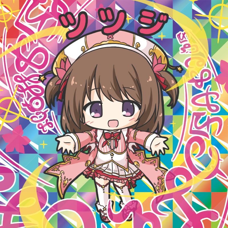 1girl, :d, bikkuriman, bikkuriman_(style), blush, bow, brown_hair, character_name