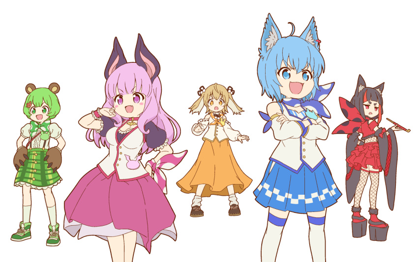 5girls, :3, :d, ahoge, animal_ear_fluff, animal_ears, animare, badge
