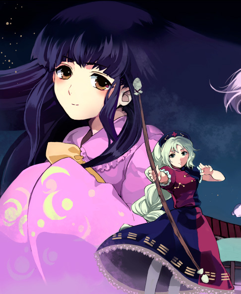 bad_id, black_hair, bow_(weapon), brown_eyes, hands_in_sleeves, hat, houraisan_kaguya, japanese_clothes