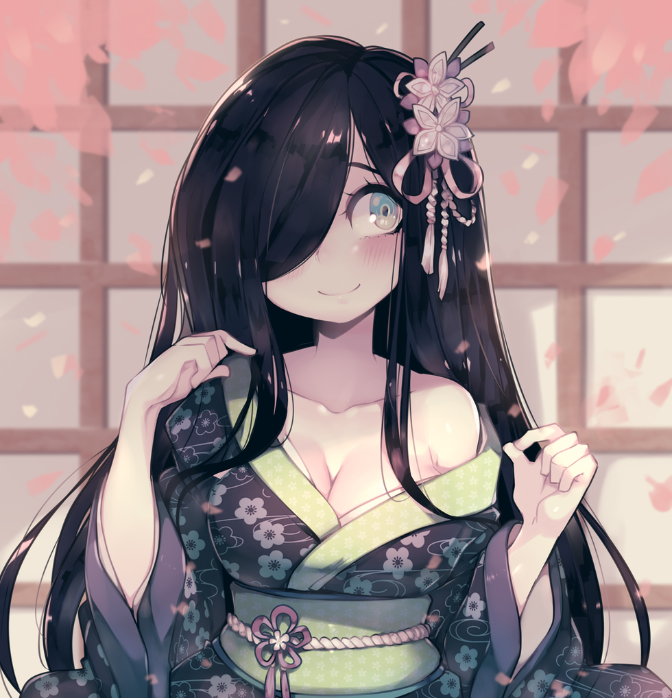 1girl, alternate_costume, aria_wintermint, black_hair, blush, breasts, cherry_blossoms, cleavage