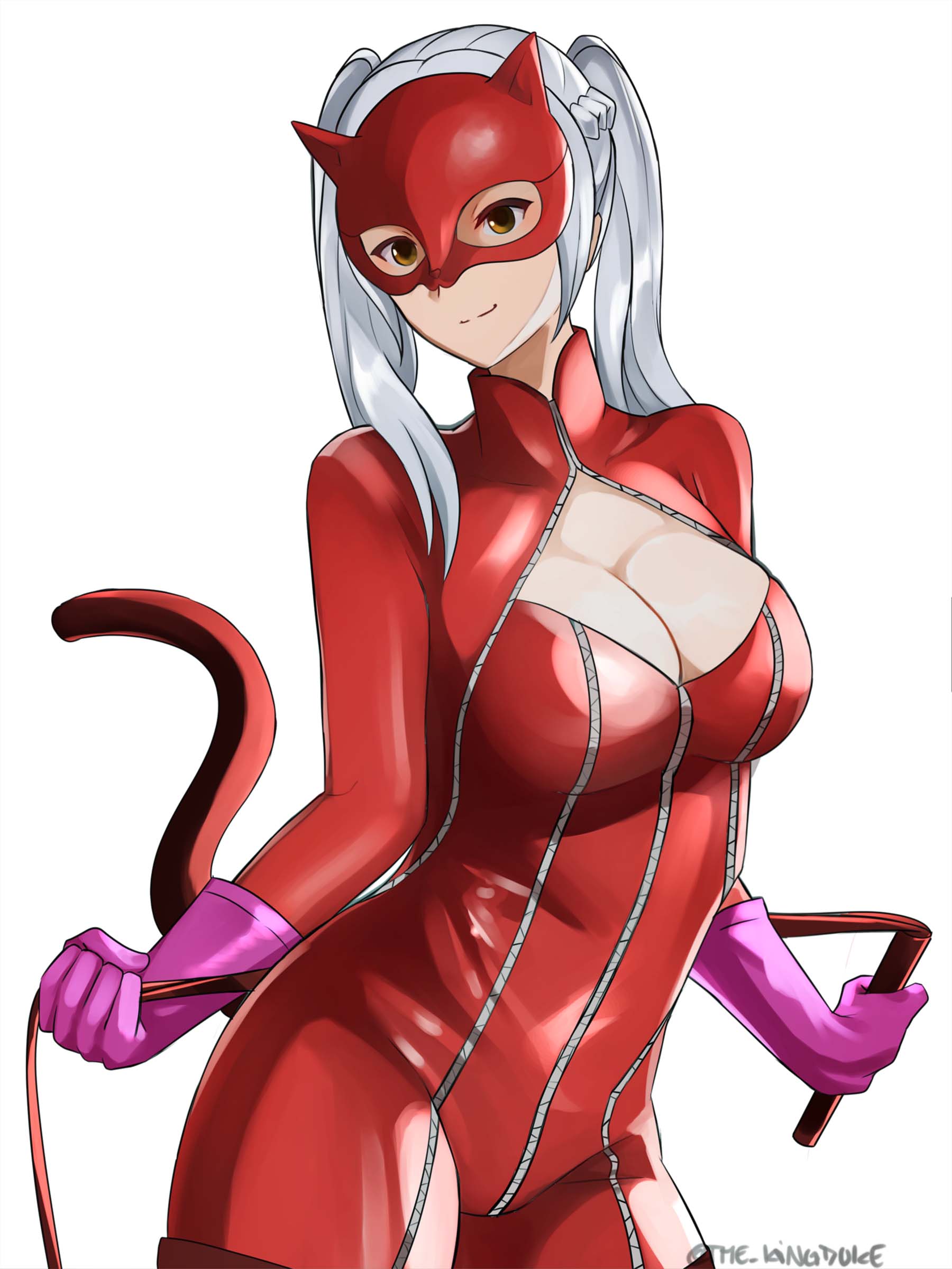 1girl, absurdres, animal_ears, atlus, bodysuit, breasts, brown_eyes, cat_ears