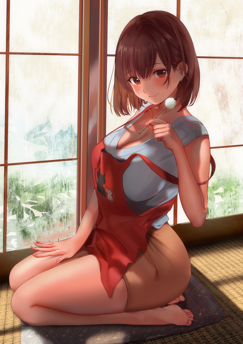 1girl, absurdres, apron, bangs, bare_legs, barefoot, beckoning, blue_shirt