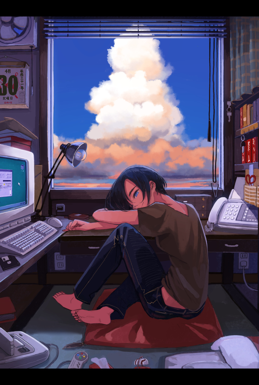 1girl, androgynous, barefoot, black_hair, blue_eyes, calendar_(object), cellphone, clouds, commentary, computer, denim, desk_lamp, fan, fax_machine, flip_phone, floppy_disk, game_console, head_rest, highres, indoors, jeans, key, keyboard_(computer), lamp, letterboxed, looking_at_viewer, mouse_(computer), original, pants, phone, ruler, scissors, short_hair, sitting, sky, solo, super_famicom, super_famicom_gamepad, window, window1228, windows_95