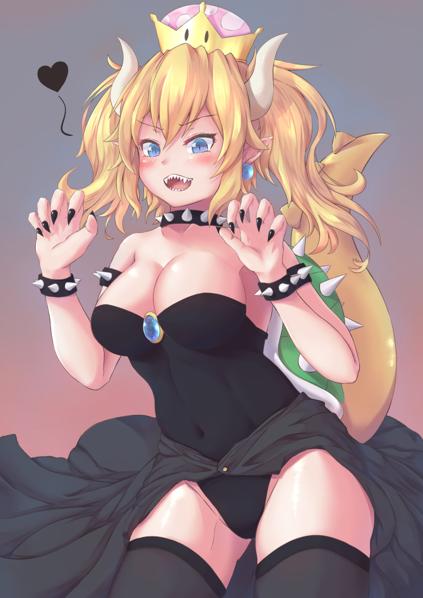 1girl, absurdres, b7669726, bare_shoulders, black_collar, black_dress, black_leotard, black_nails, blonde_hair, blue_eyes, bowsette, bracelet, breasts, cleavage, collar, collarbone, commentary_request, crown, dress, earrings, fingernails, grey_background, heart, highres, horns, jewelry, large_breasts, leotard, long_hair, looking_at_viewer, super_mario_bros., nail_polish, new_super_mario_bros._u_deluxe, nintendo, pointy_ears, sharp_fingernails, sharp_teeth, simple_background, solo, spiked_armlet, spiked_bracelet, spiked_collar, spiked_shell, spiked_tail, spikes, strapless, strapless_dress, strapless_leotard, super_crown, tail, teeth, turtle_shell, twintails