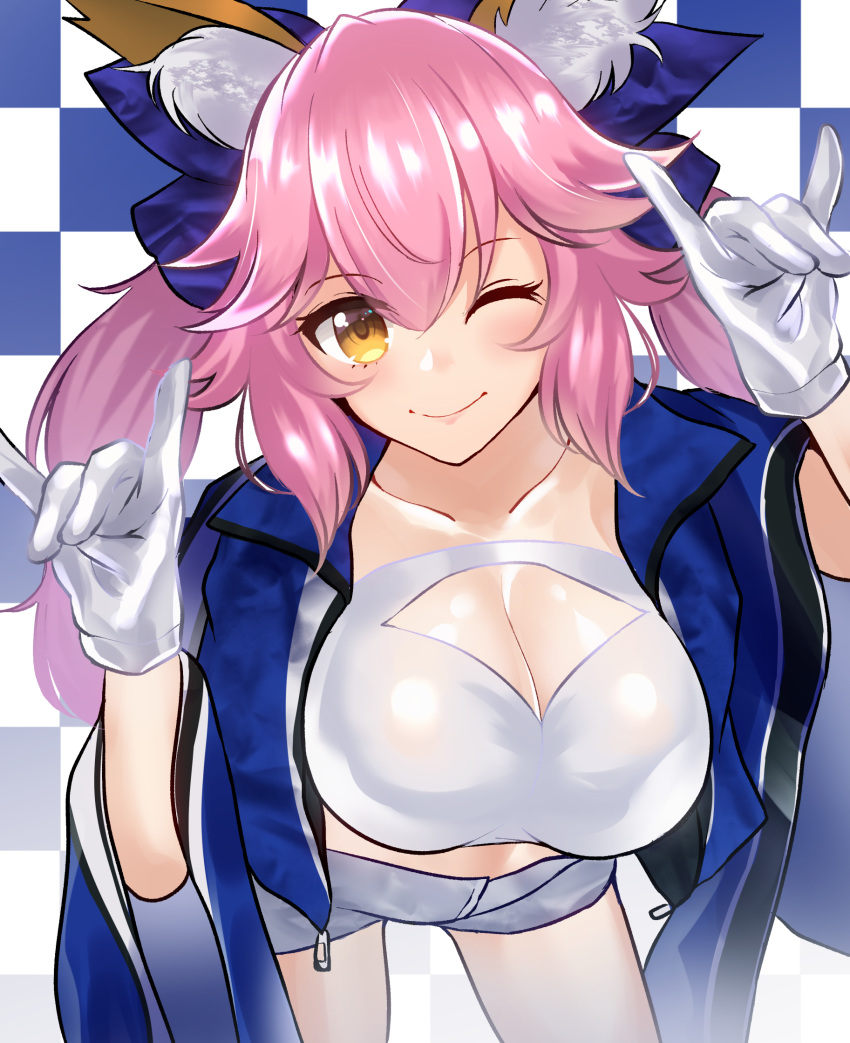 1girl, ;), animal_ear_fluff, animal_ears, bangs, blue_background, blue_robe, blush