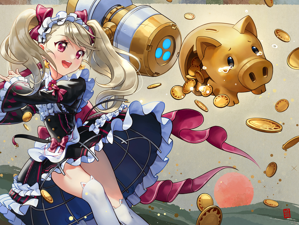 1girl, alternate_costume, black_dress, bow, butyou_(mika1412), chloe_(epic7), coin, dress