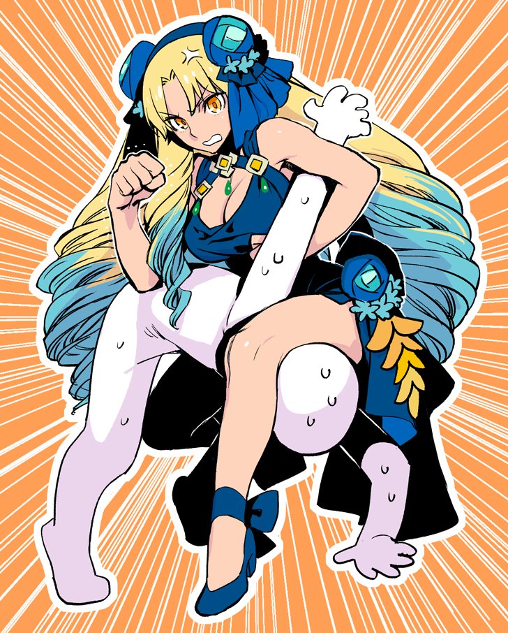 1girl, anger_vein, astraea_(fate/grand_order), azuma_tou, blonde_hair, blue_hair, breasts, cleavage, dress, drill_hair, emphasis_lines, faceless, faceless_male, fate/grand_order, fate_(series), gradient_hair, high_heels, multicolored_hair, octopus_hold, orange_background, sleeveless, sleeveless_dress, sweat, yellow_eyes