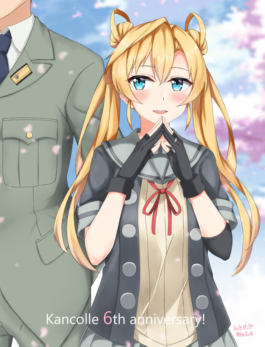 1boy, 1girl, absurdres, abukuma_(kantai_collection), admiral_(kantai_collection), anniversary, black_gloves, black_jacket