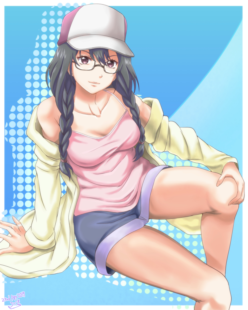 1girl, baseball_cap, black-framed_eyewear, black_hair, blue_background, blue_shorts, braid, breasts