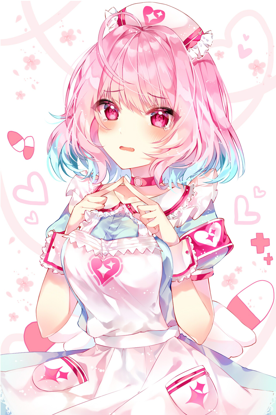 1girl, ahoge, apron, armband, blue_hair, blue_shirt, blue_skirt, blush