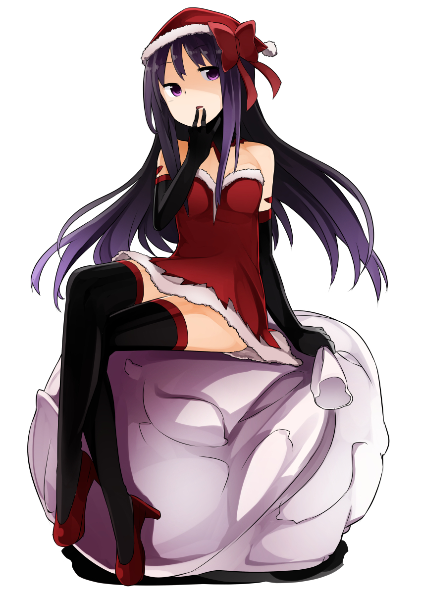 1girl, aabtcndneefkg, akemi_homura, bag, black_gloves, black_legwear, bow, dress, elbow_gloves, finger_to_mouth, floating_hair, full_body, fur-trimmed_dress, fur-trimmed_hat, gift_bag, gloves, hair_bow, hat, high_heels, highres, holding, holding_bag, legs_crossed, long_hair, looking_at_viewer, mahou_shoujo_madoka_magica, open_mouth, pumps, purple_hair, red_bow, red_dress, red_footwear, red_headwear, santa_costume, santa_hat, short_dress, simple_background, sitting, sleeveless, sleeveless_dress, solo, striped, striped_dress, thigh-highs, very_long_hair, violet_eyes, white_background, zettai_ryouiki