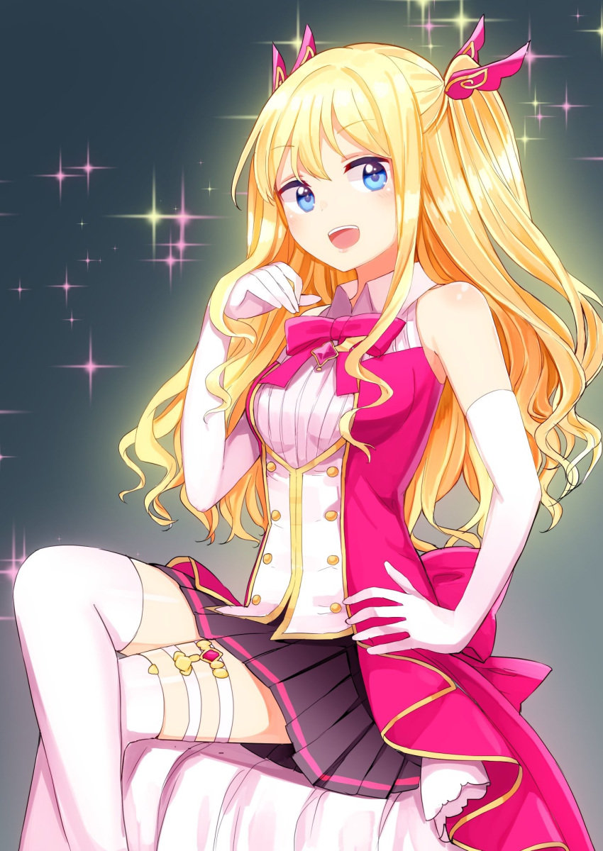 1girl, :d, aabtcndneefkg, blonde_hair, blue_eyes, bow, bowtie, collared_shirt