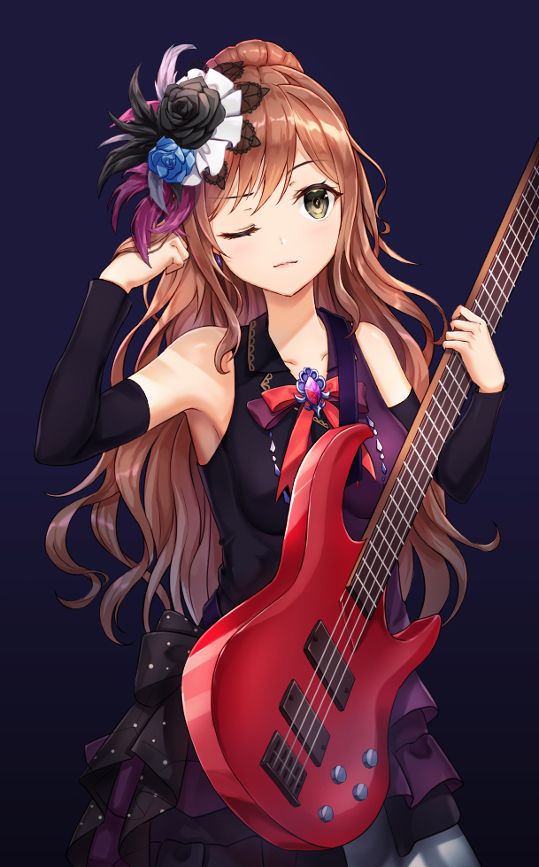 1girl, armpits, bang_dream!, bangs, bass_guitar, black_bow, black_feathers, black_flower