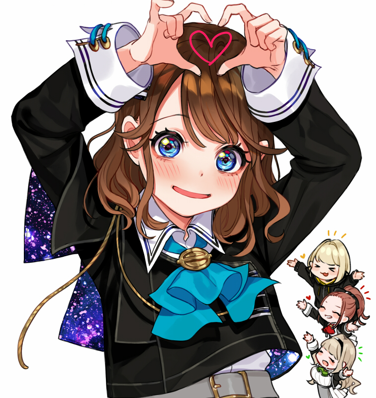 >_<, 4girls, arms_up, ascot, bangs, belt, belt_buckle, black_jacket