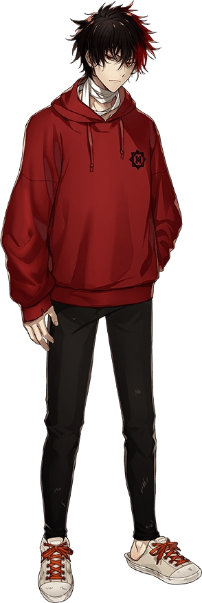 1boy, bandage, bandaged_neck, black_hair, black_pants, full_body, hand_in_pocket, hizen_tadahiro