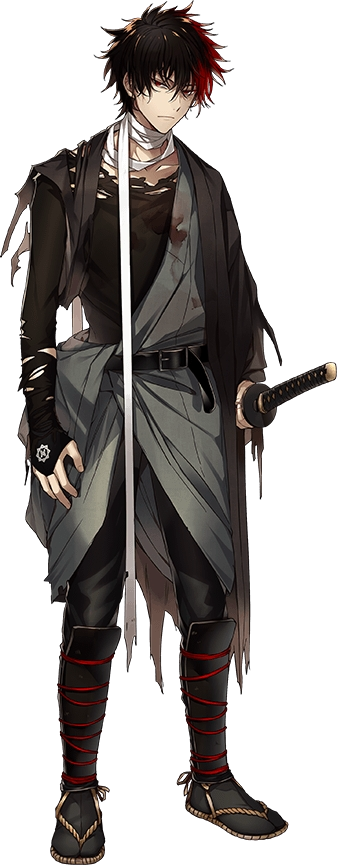 1boy, bandage, bandaged_neck, belt, black_hair, bridal_gauntlets, full_body, hizen_tadahiro