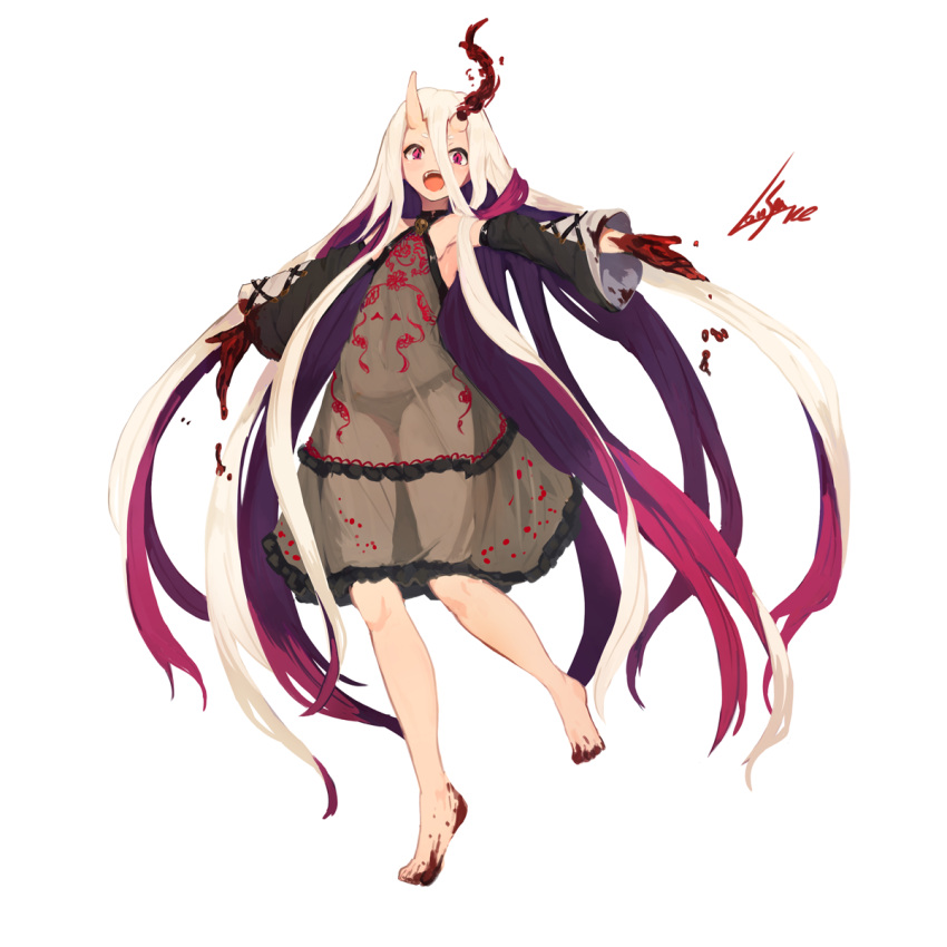 1girl, :d, armpits, bare_shoulders, barefoot, black_dress, black_panties, blood, blush, commentary_request, detached_sleeves, dress, dripping, fang, frilled_dress, frills, full_body, hair_between_eyes, halter_dress, hemokinesis, highres, lansane, long_hair, long_sleeves, looking_at_viewer, multicolored_hair, oni_horns, open_mouth, original, outstretched_arms, panties, pink_eyes, purple_hair, see-through, signature, simple_background, smile, solo, standing, standing_on_one_leg, two-tone_hair, underwear, very_long_hair, white_background
