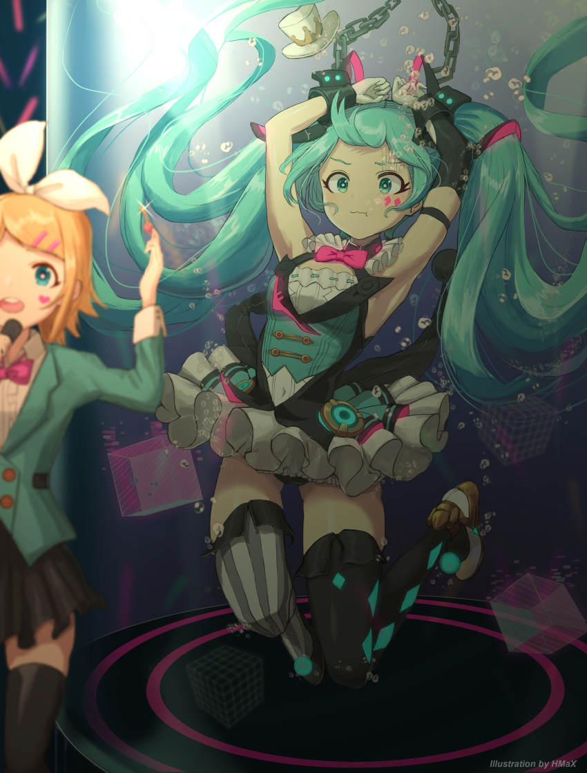 absurdres, aqua_eyes, aqua_hair, armpits, asymmetrical_legwear, bare_shoulders, blonde_hair, blurry