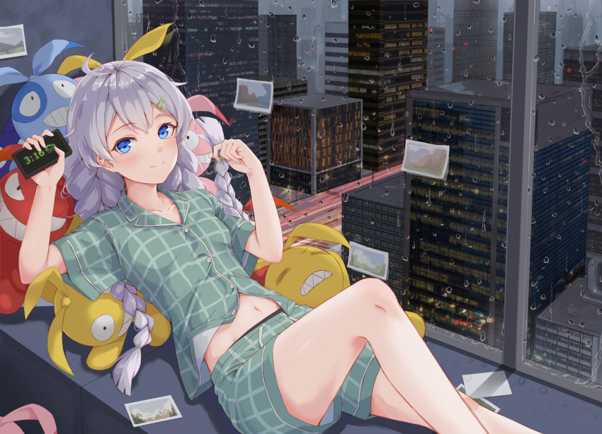 1girl, ahoge, blue_eyes, blush, braid, building, cellphone, character_doll
