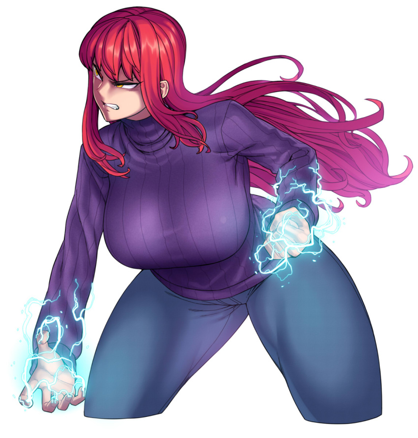 1girl, bared_teeth, biriri-ane_(space_jin), breasts, clenched_hand, cropped_legs, denim, electricity, highres, huge_breasts, jeans, leaning_forward, long_hair, original, pants, powering_up, purple_sweater, redhead, ribbed_sweater, solo, space_jin, sweater, thick_thighs, thighs, tsurime, turtleneck, yellow_eyes
