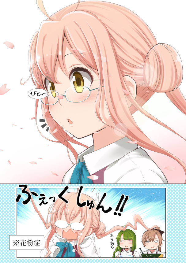 3girls, akigumo_(kantai_collection), blouse, blush, bow, bowtie, braid, brown_hair