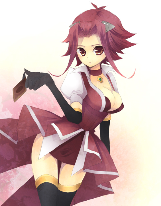 brown_eyes, choker, cleavage, dress, elbow_gloves, gloves, iwahime_daisuke, izayoi_aki, red_hair, redhead, short_hair, skirt, thigh-highs, thighhighs, yu-gi-oh!, yugioh_5d's, yuu-gi-ou, yuu-gi-ou_5d's