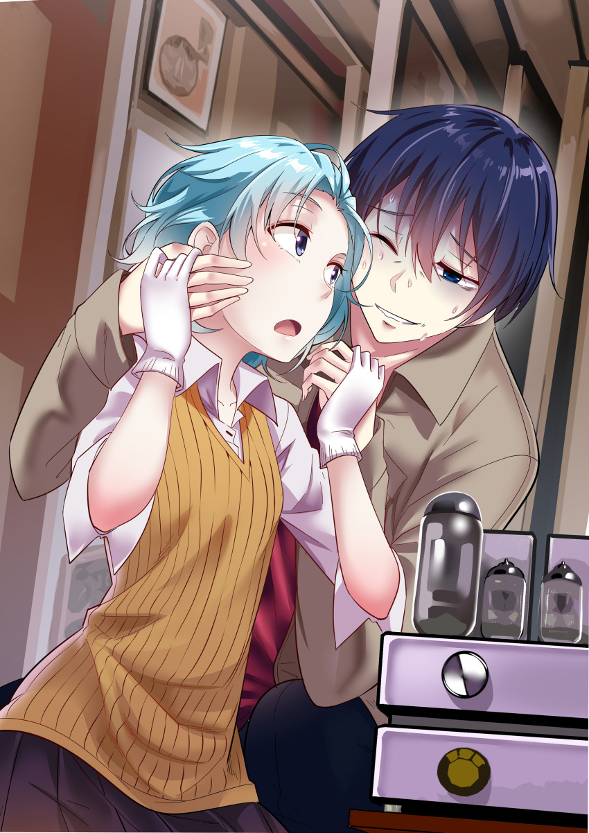 1boy, 1girl, absurdres, aqua_hair, black_hair, blue_eyes, blurry, blurry_background