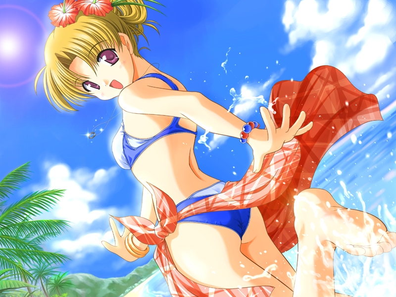 800x600, beach, bekkankou, bikini, binary_pot, blonde_hair, bracelet, dutch_angle