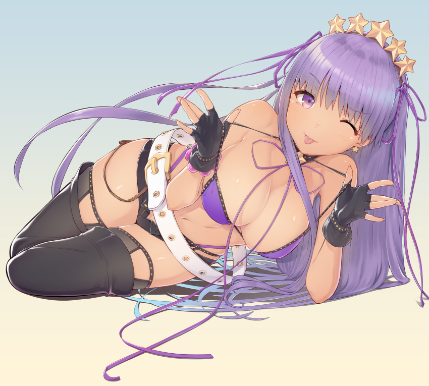 1girl, absurdres, bangs, bare_shoulders, bb_(fate)_(all), bb_(swimsuit_mooncancer)_(fate), bead_bracelet, beads, bikini, black_garter_belt, black_gloves, black_legwear, black_shorts, blush, bracelet, breasts, cleavage, collarbone, dark_skin, earrings, fate/grand_order, fate_(series), fingerless_gloves, gloves, gradient, gradient_background, gradient_hair, hair_ribbon, highres, jewelry, large_breasts, long_hair, looking_at_viewer, lying, multicolored_hair, navel, neck_ribbon, on_side, purple_bikini, purple_hair, purple_ribbon, ribbon, short_shorts, shorts, smile, solo, star, star_earrings, swimsuit, tan, thigh-highs, thighs, tiara, tongue, tongue_out, urigarasu, very_long_hair, violet_eyes, winkah_jio