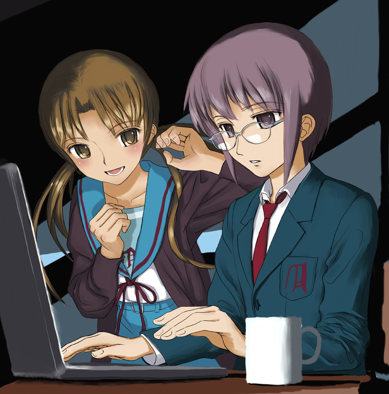 brown_hair, cardigan, computer, computer_club_president, computer_club_president_(female), cup, genderswap, glasses