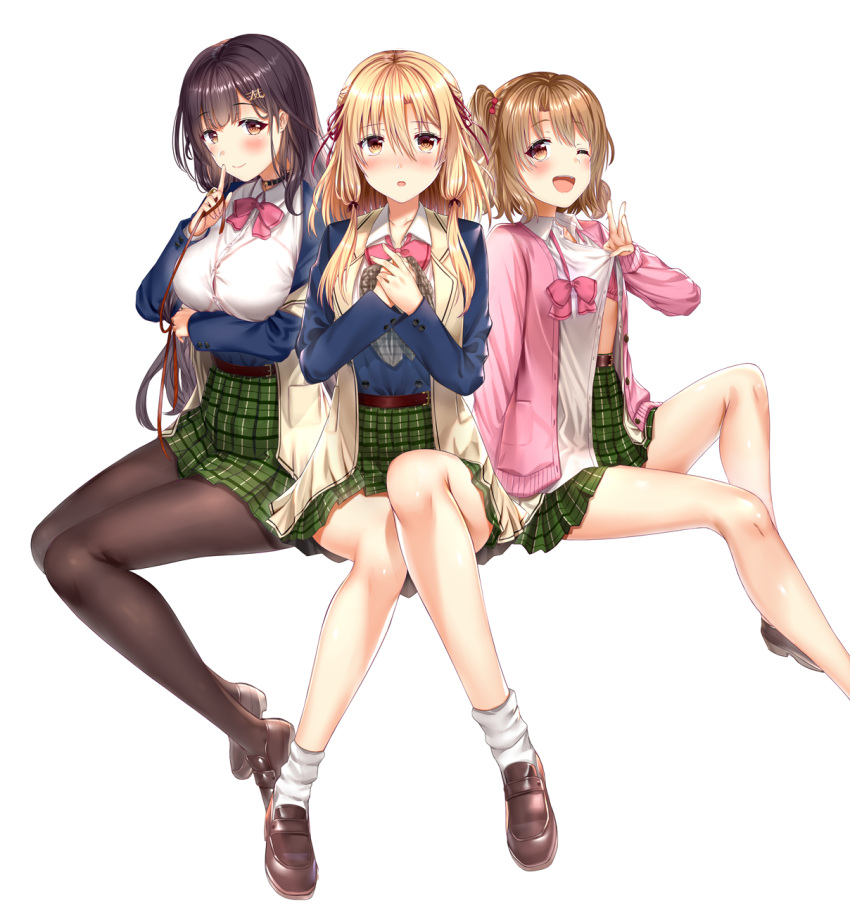 3girls, ;d, aldehyde, black_hair, blonde_hair, blue_jacket, bow, bowtie