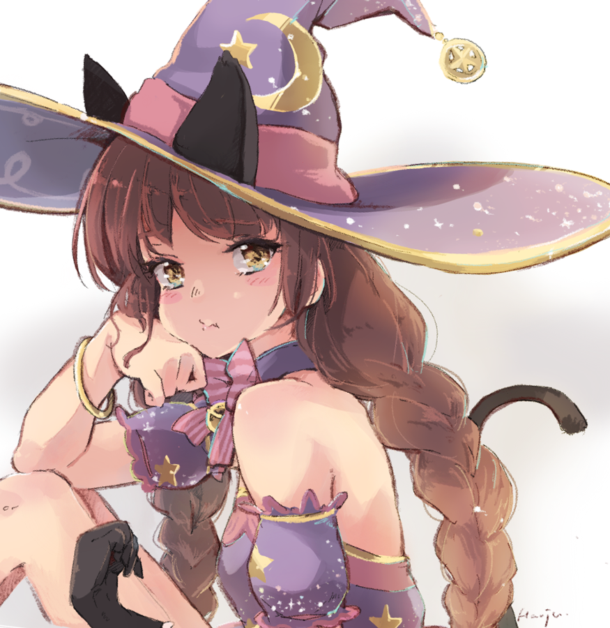 1girl, animal_ears, bell, black_gloves, blush, bow, bracelet, braid