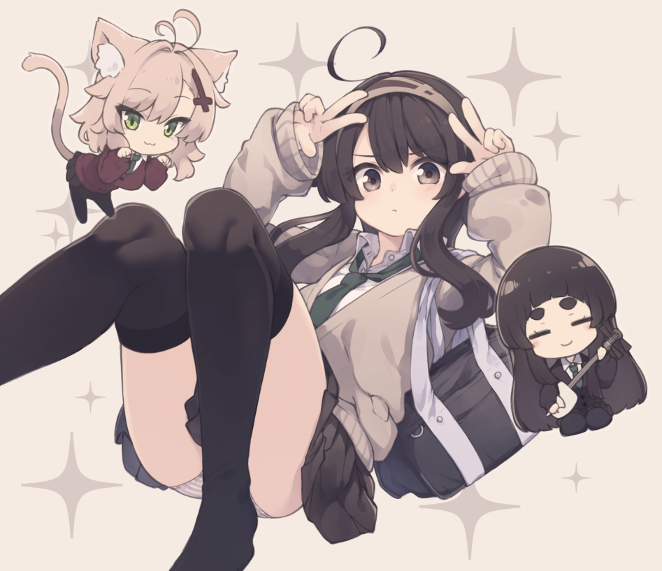 3girls, ahoge, animal_ear_fluff, animal_ears, antenna_hair, arms_up, bag, black_cardigan