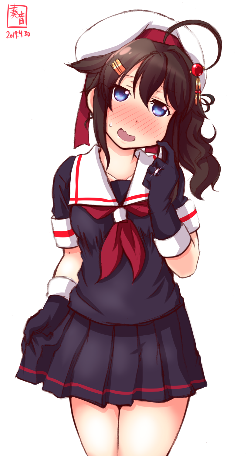1girl, ahoge, alternate_hairstyle, artist_logo, beret, black_gloves, black_serafuku, blue_eyes