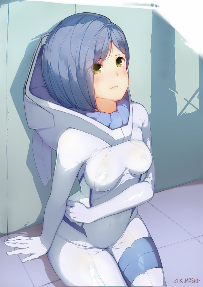 1girl, artist_name, asymmetrical_breasts, blue_bodysuit, blue_hair, bodysuit, breasts, closed_mouth