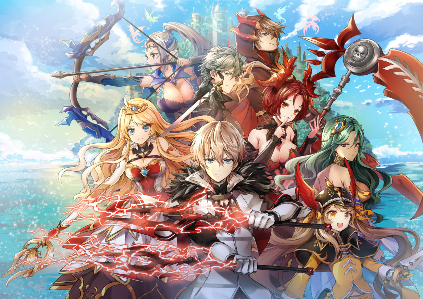 3boys, 5girls, :d, ahoge, animal, artemia_(king's_raid), back, bare_shoulders