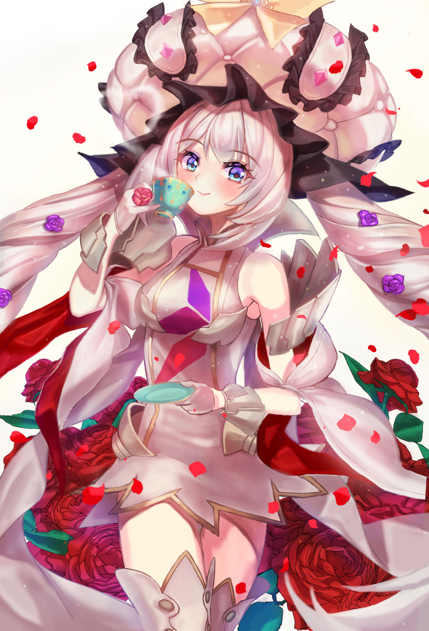 1girl, absurdres, blue_eyes, blush, boots, breasts, cowboy_shot, cup, dress, drill_hair, eyebrows_visible_through_hair, fate/grand_order, fate_(series), floating_hair, flower, gloves, grey_dress, grey_footwear, hair_flower, hair_ornament, half_gloves, hat, heart_steam, highres, holding, holding_cup, kuro_(ning2763), long_hair, looking_at_viewer, marie_antoinette_(fate/grand_order), medium_breasts, petals, pixiv_fate/grand_order_contest_2, purple_flower, red_flower, red_rose, rose, short_dress, silver_hair, sleeveless, sleeveless_dress, smile, solo, standing, steam, teacup, thigh-highs, thigh_boots, twin_drills, very_long_hair, white_background, white_gloves, white_headwear