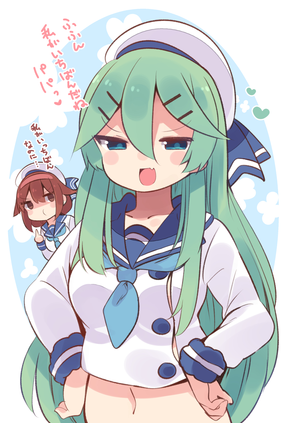 2girls, alternate_costume, bangs, brown_hair, cosplay, etorofu_(kantai_collection), etorofu_(kantai_collection)_(cosplay), green_hair