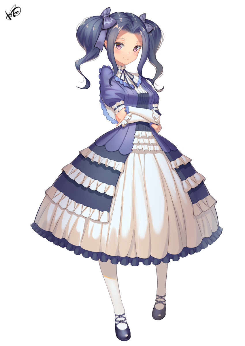 1girl, absurdres, black_hair, blue_ribbon, blush, dress, hair_ribbon, high_collar