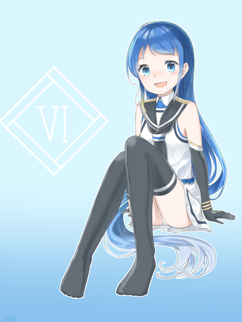 1girl, :d, bangs, bare_shoulders, black_gloves, black_legwear, black_neckwear, black_sailor_collar
