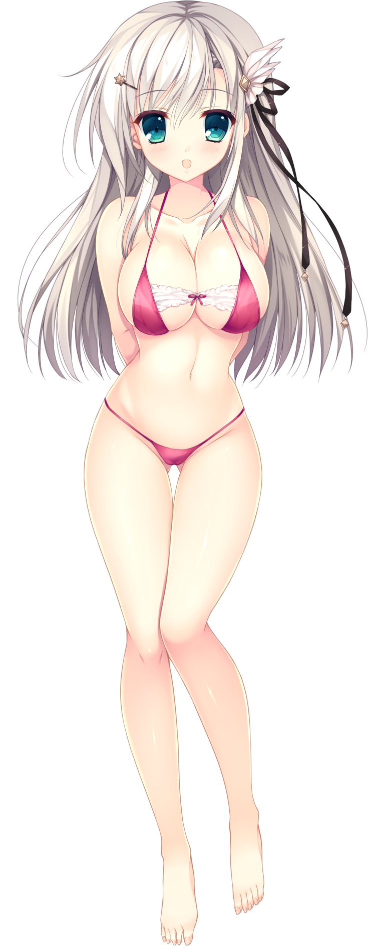 1girl, :o, aqua_eyes, arms_behind_back, barefoot, bikini, breasts, full_body