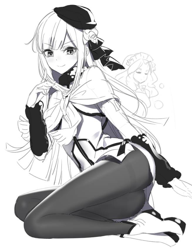 >:), 2girls, ass, beret, blush, boots, closed_eyes, closed_mouth