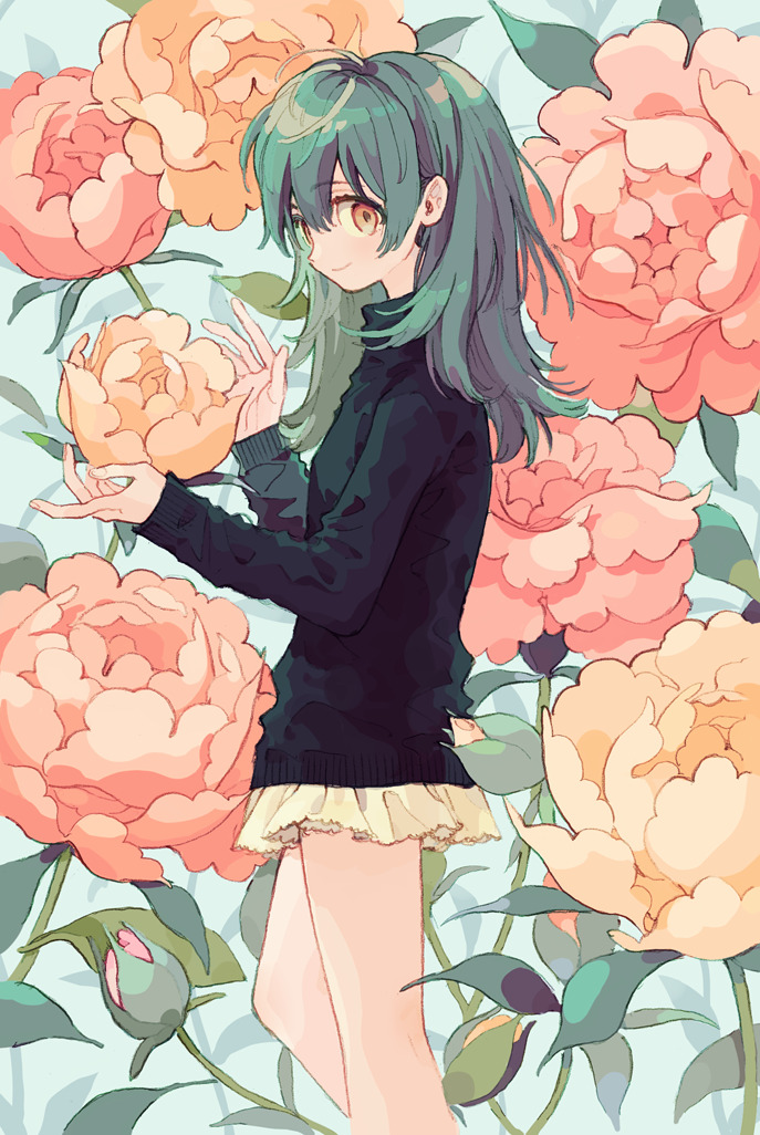 bangs, black_shirt, feet_out_of_frame, flower, green_hair, ka_(marukogedago), leaf, long_hair
