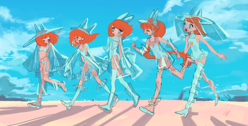5girls, bangs, bare_shoulders, bikini, blue_eyes, blue_sky, boots, bow