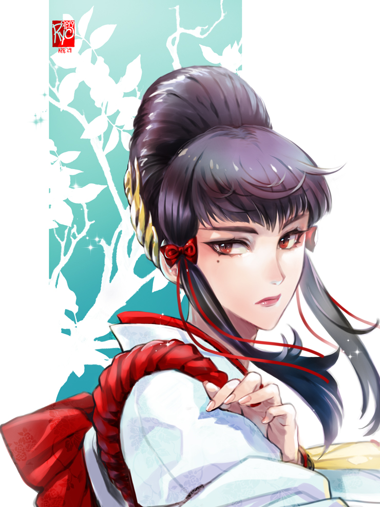 1girl, bangs, beehive_hairdo, black_hair, eyeliner, hair_ornament, japanese_clothes, lips