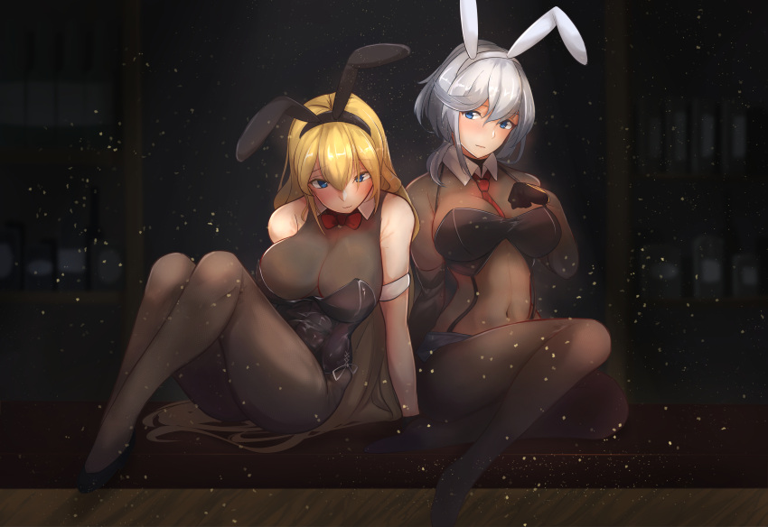 2girls, absurdres, animal_ears, armband, azur_lane, bangs, black_gloves, black_leotard
