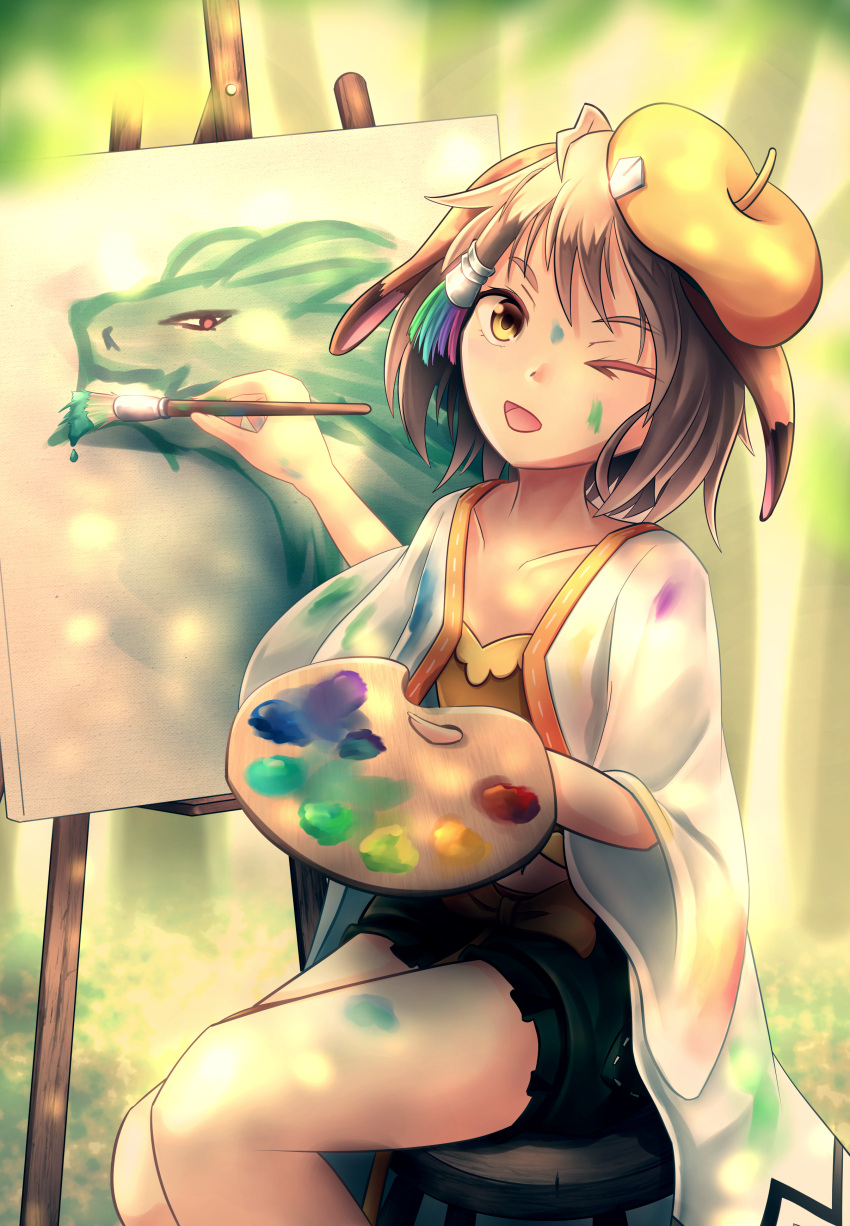 1girl, absurdres, animal_ears, artist_painter, beret, black_shorts, brown_hair, canvas_(object), collarbone, commentary, dragalia_lost, drawing, english_commentary, fleur, hair_tubes, hat, highres, midgardsormr_(dragalia_lost), one_eye_closed, open_mouth, paint, paintbrush, painting_(object), palette, rabbit_ears, ryo-suzuki, shirt, short_hair, shorts, sitting, smile, smock, solo, stool, thighs, tree, yellow_eyes, yellow_headwear, yellow_shirt