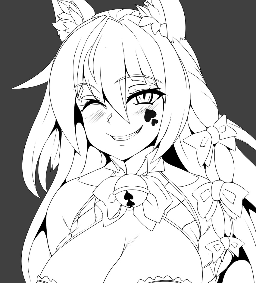 1girl, animal_ears, bell, blush, bow, breasts, cat_ears, cheshire_cat_(monster_girl_encyclopedia)